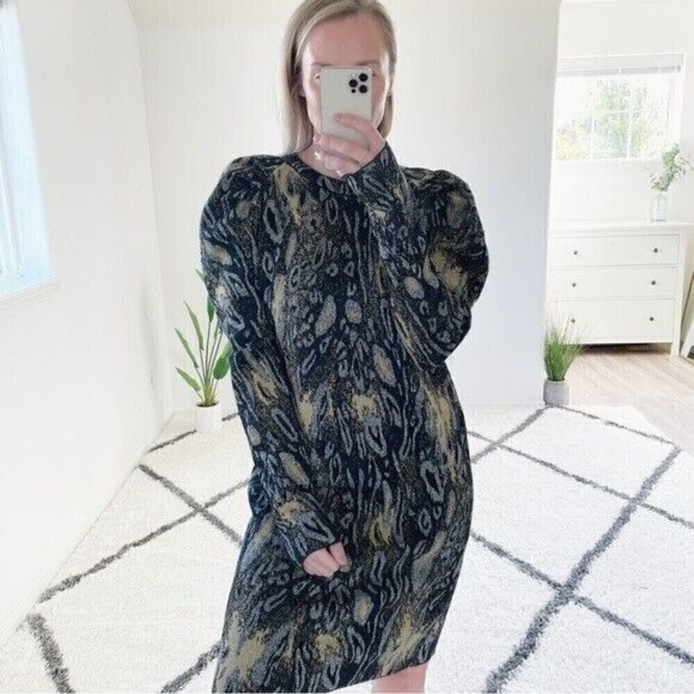 Nude The Label Sweater Dress EU 46/US XL Wool Leopard Metallic Puff Sleeve Italy